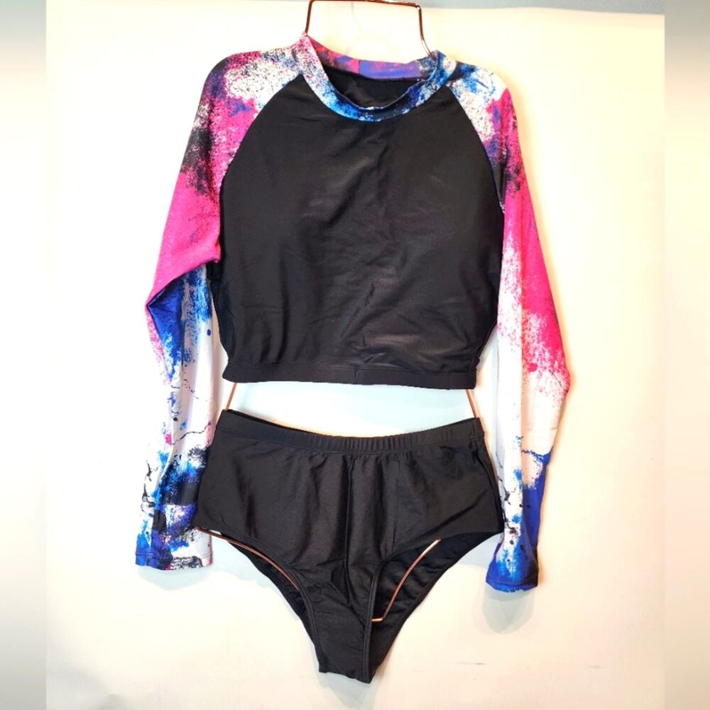 New Two Piece Rash Guard Swimsuit Long Sleeve Black‎ Purple Pink High Waist M